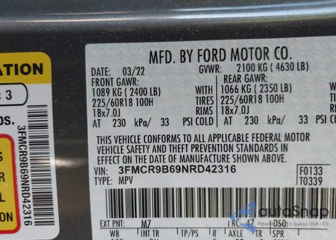 2022 Ford Bronco Sport Big Bend z USA, uszkodzony, nr VIN 3FMCR9B69NRD42316